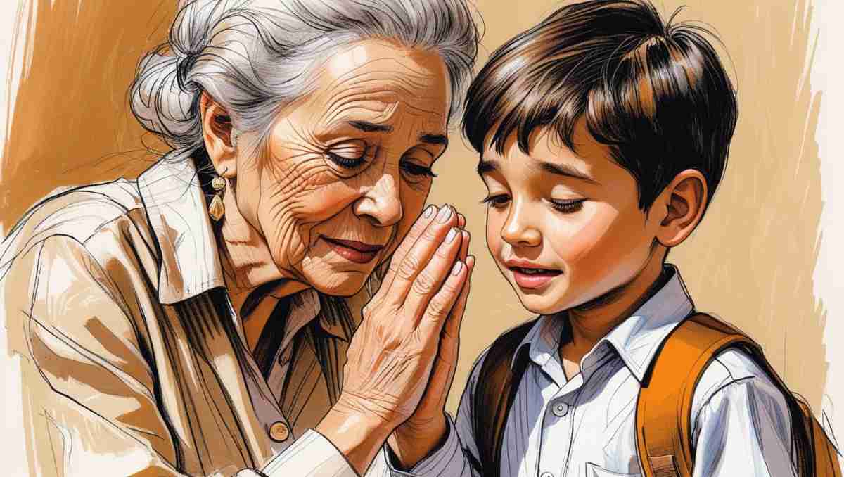 A detailed and expressive color pencil sketch, depicting a warm, emotional scene in the style of a rough color sketch with visible shading. The artwork shows a grandmother, her face etched with gentle concern and love, praying with her grandson. The grandson, dressed in neat school attire, stands beside her, his expression a mix of excitement and apprehension. The overall color palette is warm and inviting, focusing on earth tones and soft hues. The scene is framed tightly, focusing on the intimate connection between the grandmother and grandson, creating a feeling of closeness and shared emotion.