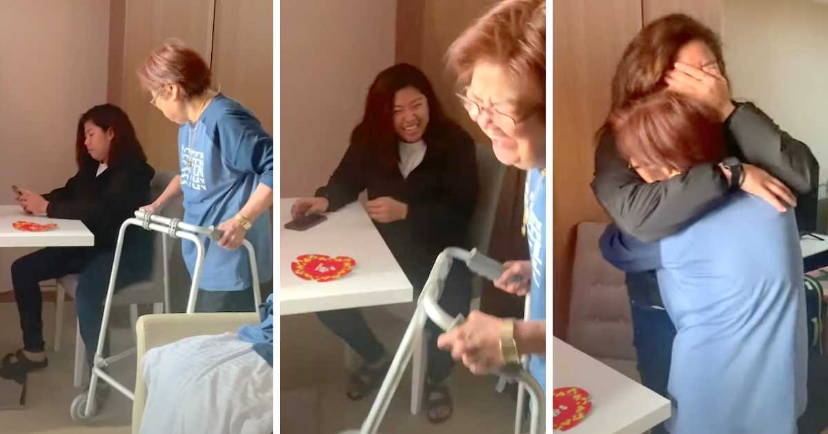 Three-panel image showing an emotional reunion. In the first panel, an elderly woman using a walker approaches a young woman sitting at a table, seemingly unaware. In the second panel, the young woman smiles and laughs as she recognizes the older woman. In the third panel, the two embrace tightly in a heartfelt hug, with one covering her face in joyful disbelief.