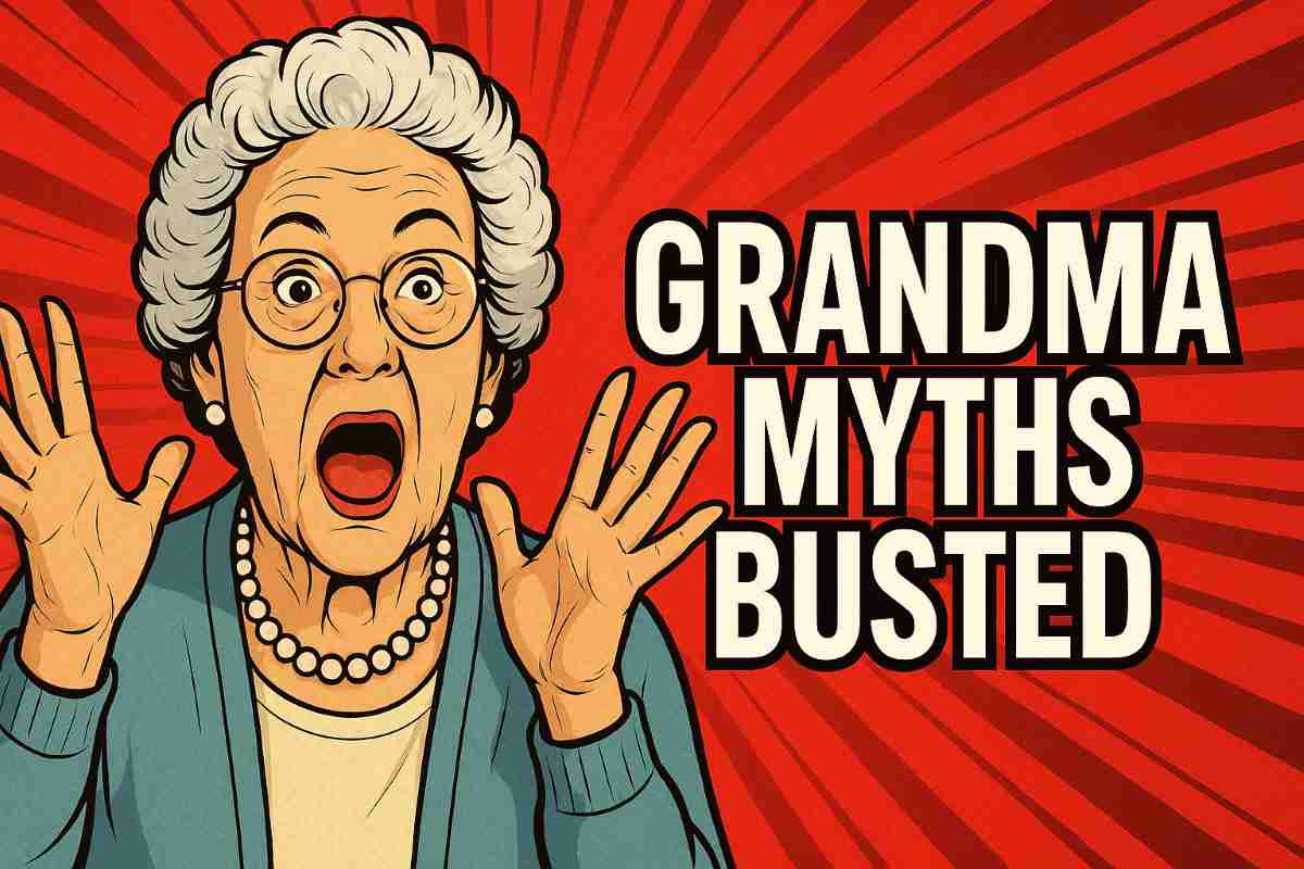 A digital illustration features an elderly Caucasian woman with short white hair, glasses, pearl earrings, and a pearl necklace. She has a shocked expression, with wide eyes and mouth open, and both hands raised near her face. The background is a bold red with radial burst lines, giving a comic book-style effect. On the right side of the image, large bold white text with a black outline reads: "GRANDMA MYTHS BUSTED."