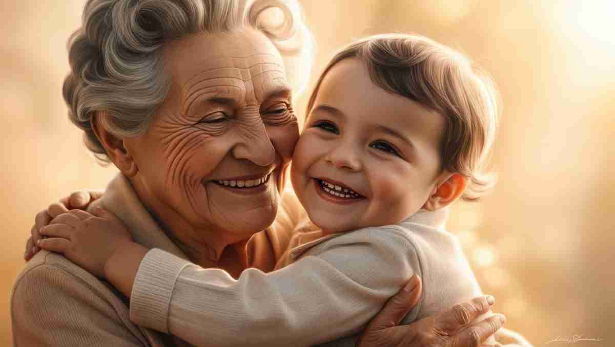 An elderly woman with gray hair and deep smile lines hugging a young child. Both are smiling joyfully, and the warm golden light in the background gives the image a soft, loving feel.