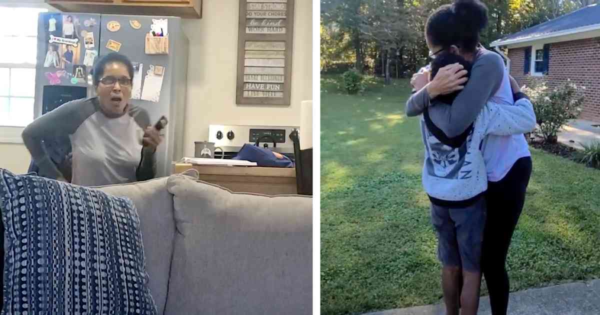 Split image showing a surprised and emotional reunion. On the left, a woman in a kitchen reacts with shock and joy while holding a phone, caught mid-step behind a couch. On the right, the same woman hugs a child tightly outdoors on a sunny day, standing in the grass beside a brick house.