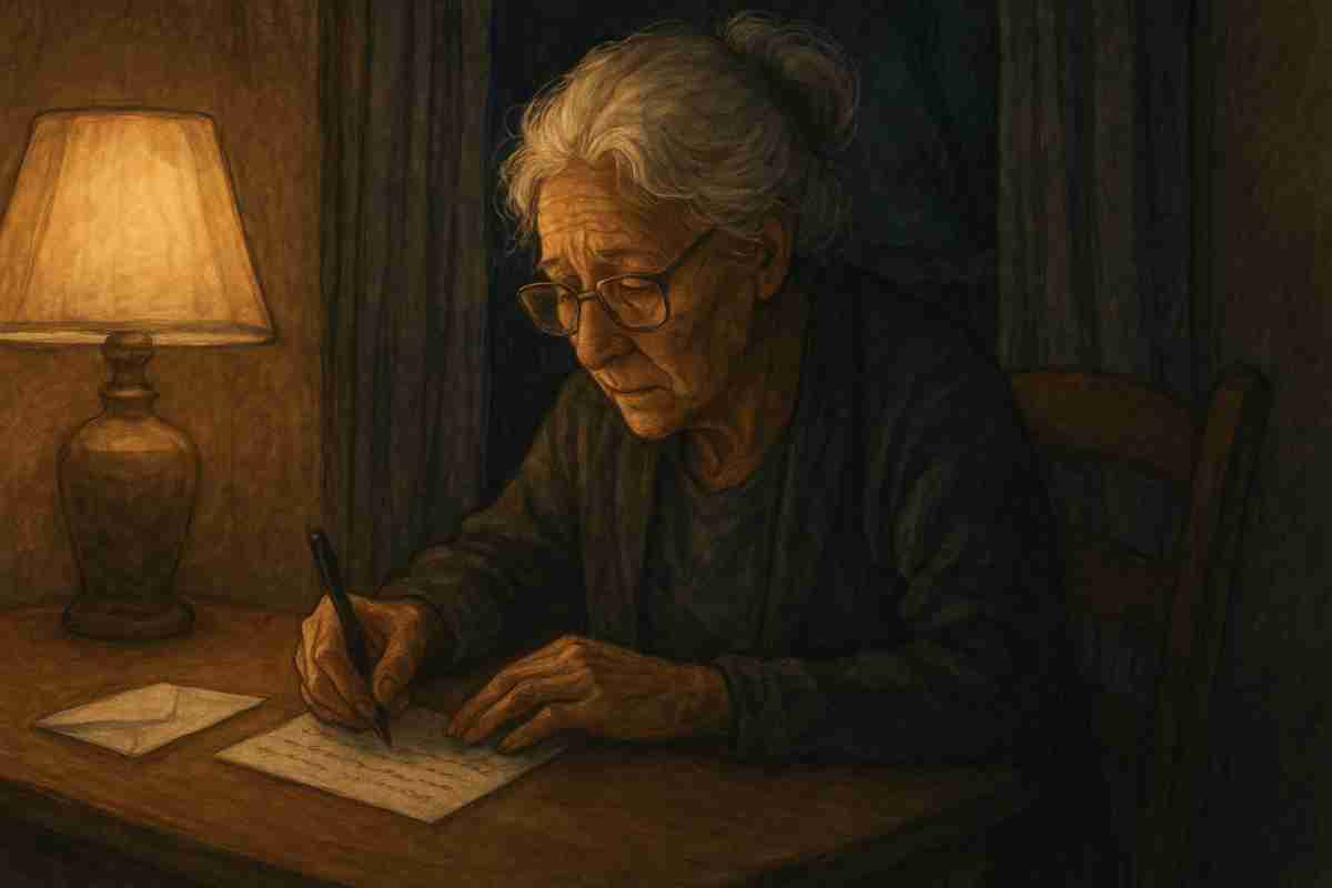 An elderly woman with gray hair pulled into a bun sits at a wooden table, writing a letter under the soft glow of a lamp. She wears a dark cardigan and glasses, her expression thoughtful and emotional. The dimly lit room and night sky outside the window create a quiet, moody atmosphere.