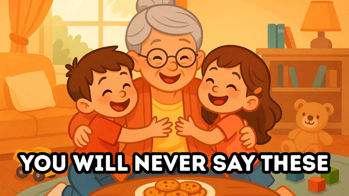 A cheerful cartoon illustration of a smiling grandmother wearing glasses, happily hugging her grandson and granddaughter in a cozy living room. A plate of cookies sits on the table in front of them, with toys and books visible in the background. Bold text at the bottom reads “YOU WILL NEVER SAY THESE.”
