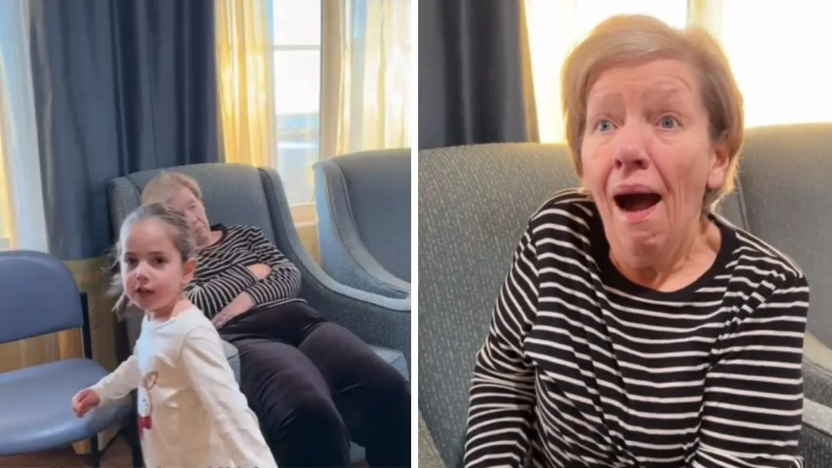(split image): A woman in a striped shirt sits with eyes closed in a chair while a young girl stands nearby; the woman later reacts with joyful surprise.