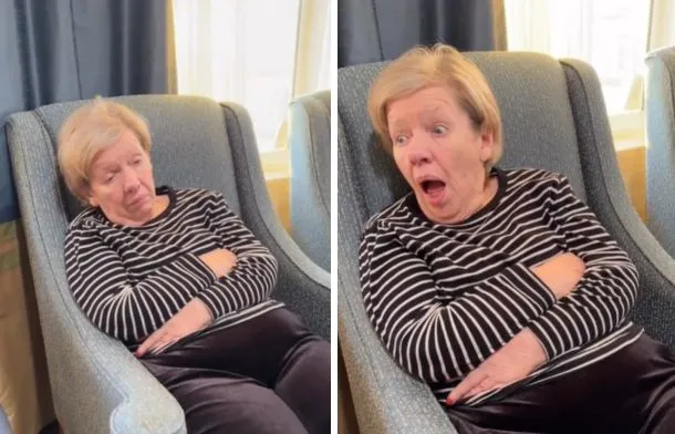 (before and after split): Elderly woman in striped shirt appears sleepy in one photo, then reacts with wide-eyed shock and excitement in the next.