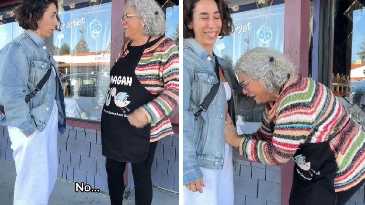 Woman tells her mother she’s pregnant; the mother reacts emotionally, leaning on her daughter with joy and surprise.