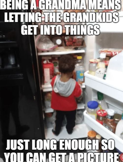 Toddler standing inside an open fridge with text about grandmas letting kids explore for a photo.