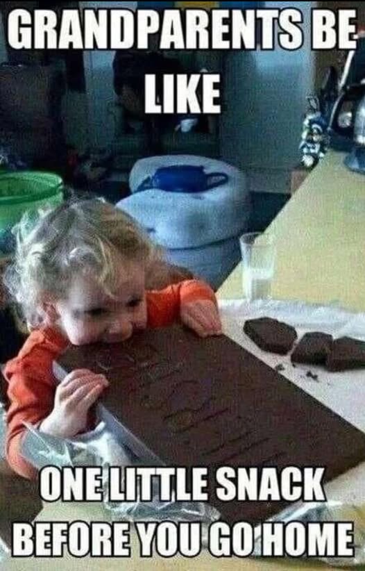 Toddler biting a giant chocolate bar with text joking about grandparents giving one last snack before going home.
