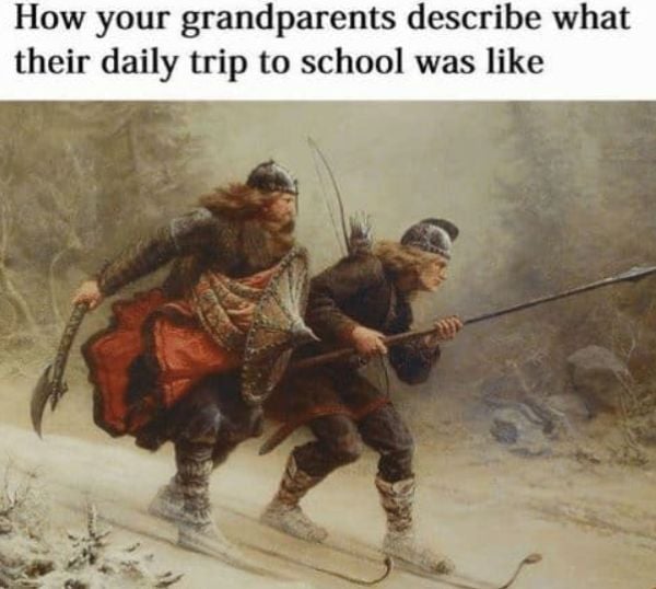 Painting of two warriors skiing with weapons, captioned as how grandparents describe school trips.