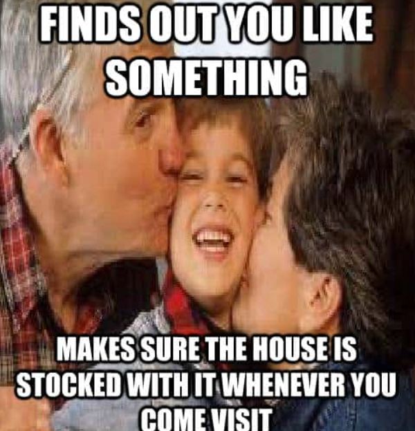 Child happily hugged and kissed by grandparents with text about them stocking favorite items.