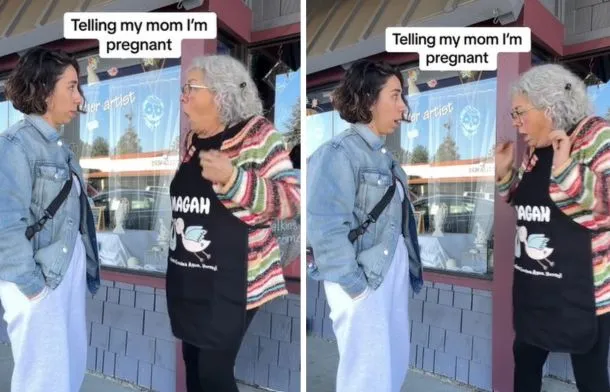 Mother shows surprised and animated reactions after hearing her daughter’s pregnancy news.