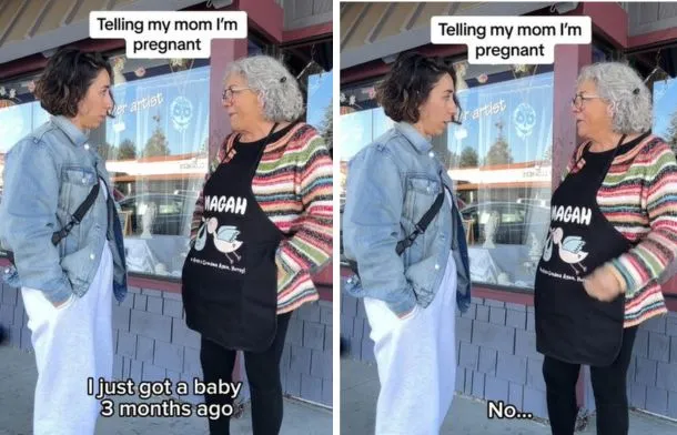 Daughter shares pregnancy news as the mother, wearing a striped sweater and apron, responds with disbelief and a playful “No…”