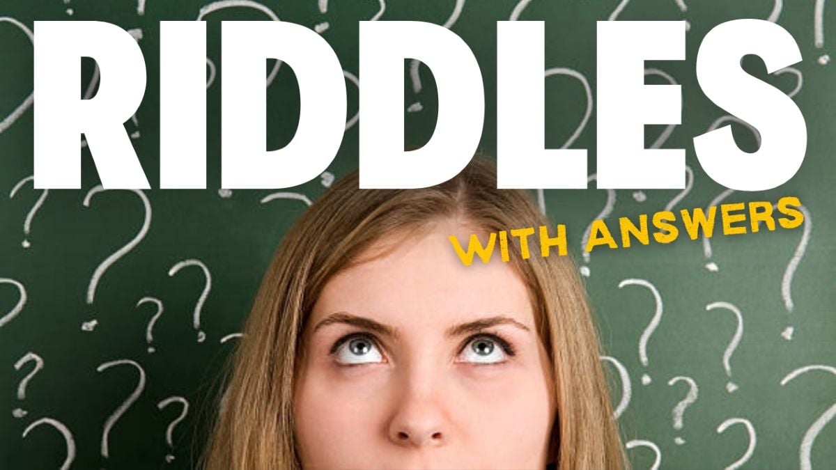 Woman looking up thoughtfully with “RIDDLES with ANSWERS” text above her, set against a chalkboard background filled with question marks.