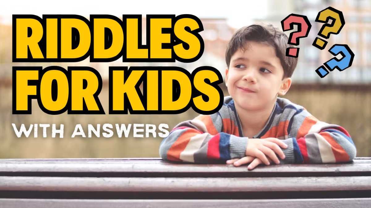 Smiling boy in a striped sweater sits at a bench with “Riddles for Kids with Answers” text and colorful question marks above him.