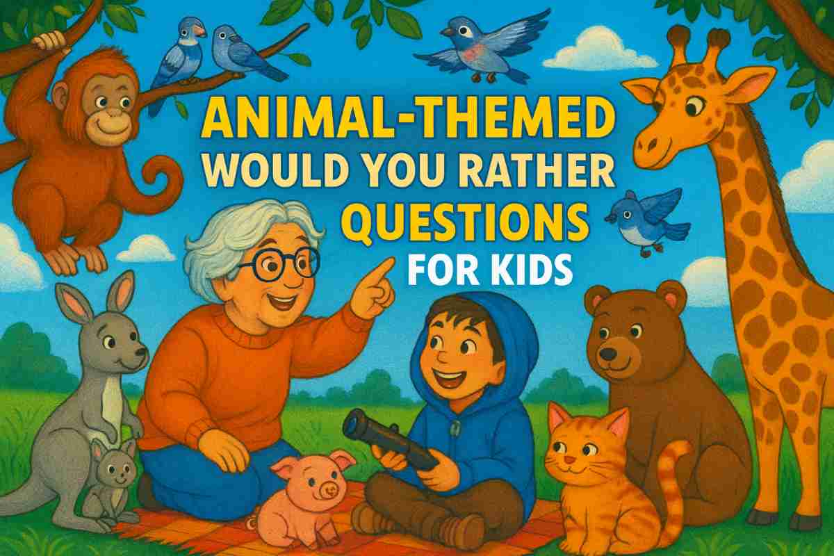 Illustration of a smiling grandma and child sitting on a blanket surrounded by cute animals with the text “Animal-Themed Would You Rather Questions for Kids.”