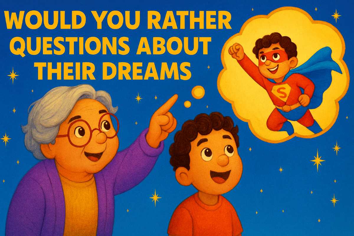 Illustration of a grandma and child imagining a superhero dream, with text that reads “Would You Rather Questions About Their Dreams.”