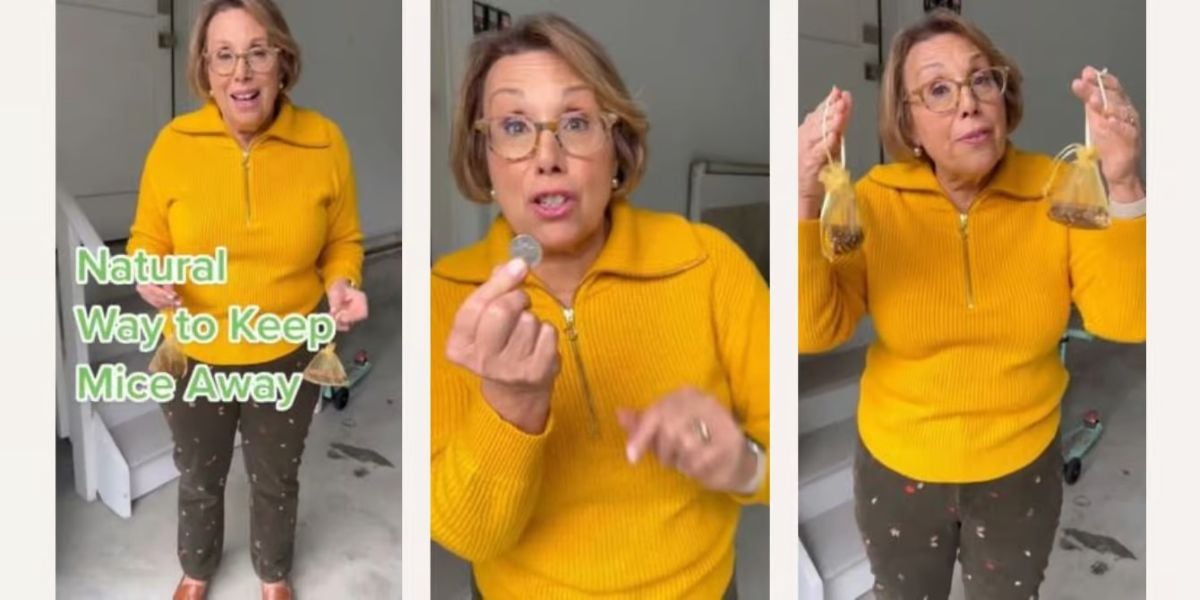 A woman wearing a bright yellow sweater and patterned pants holds natural pest repellents. Text reads "Natural Way to Keep Mice Away.” She appears informative and enthusiastic.