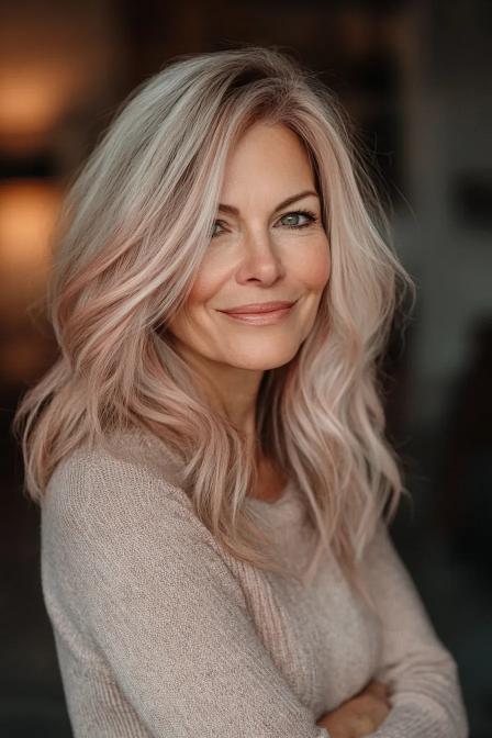 34 Stunning Long Hairstyles for Women Over 60 to Age Gracefully 2 Waterfall Layers with Rose Gold Highlights