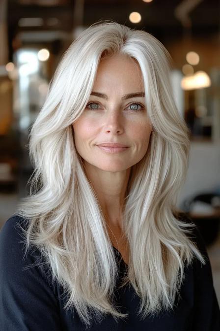 Long Feathered Cut in Platinum Blonde