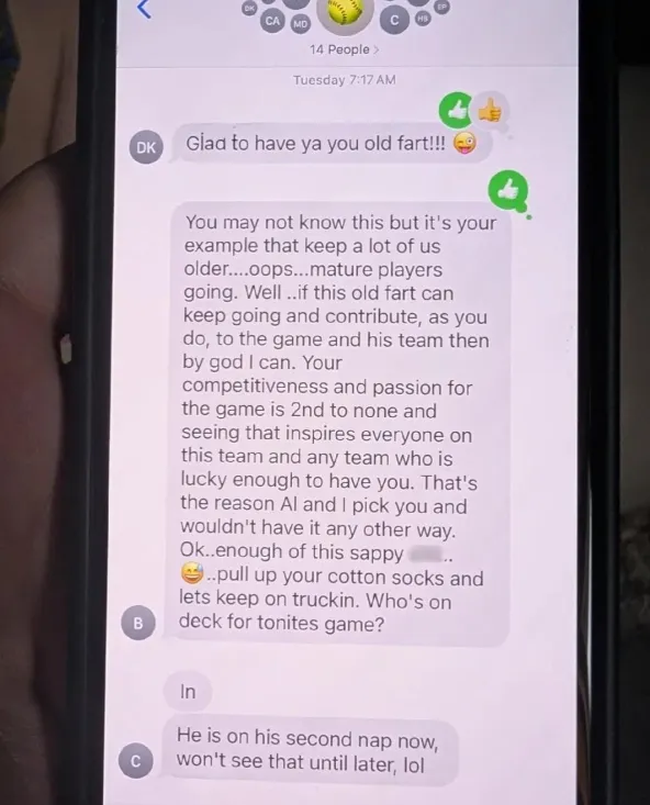 81-Year-Old Softball Player Delivers the Sweetest Message to His Teammates in the Middle of the Night