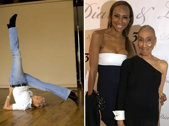 Millie doing an upside-down stretch at age 87. Millie and her daughter, Liza, at a dance gala.