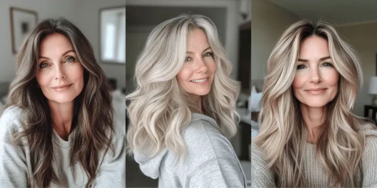 A collage of long hairstyles for women over 60 to age gracefully.
