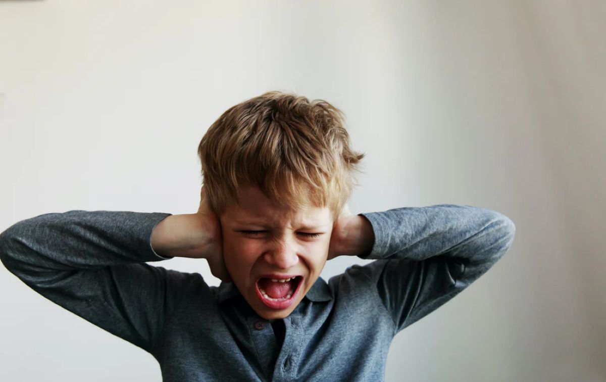 Upset young boy in a gray shirt screams with eyes closed and hands covering his ears.
