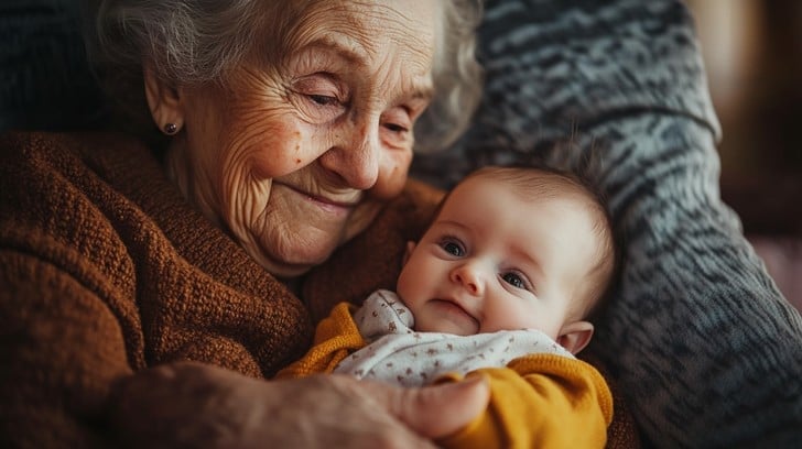 Smiling elderly woman lovingly cradling a baby in a cozy setting, both sharing a quiet, heartwarming moment.