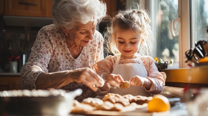 Grandmother and granddaughter baking cookies together in a sunlit kitchen, sharing a joyful bonding moment.