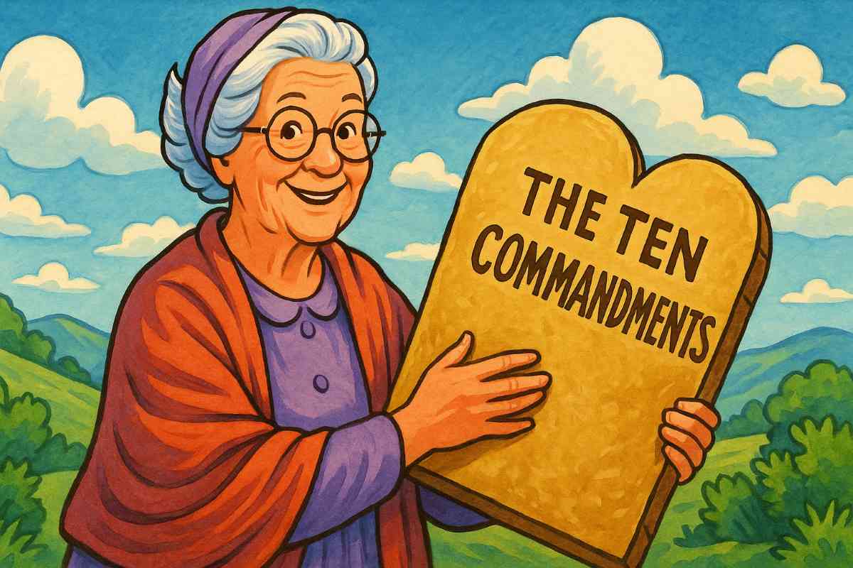 A cheerful, cartoon-style grandma with glasses, gray hair in a bun, and a colorful shawl smiles warmly while holding a large stone tablet labeled “The Ten Commandments.” She stands in front of rolling green hills, a bright blue sky, and fluffy clouds, creating a fun and colorful Bible-style scene.