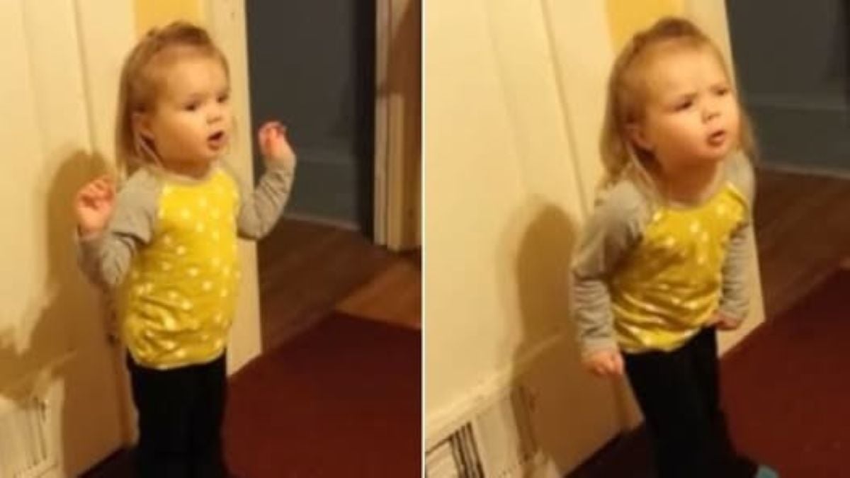 Two photos of a young girl in a yellow polka dot shirt making animated facial expressions, appearing to argue or explain something passionately.