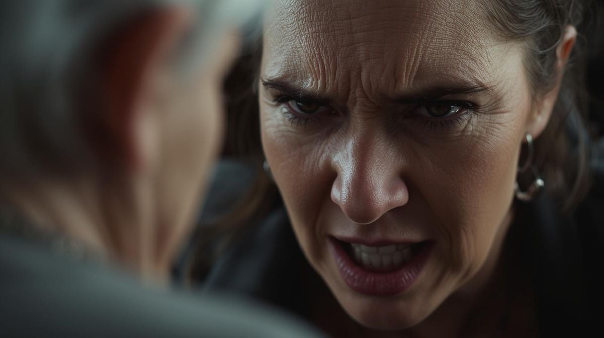 Emotional image of an angry adult woman scolding her grandma.