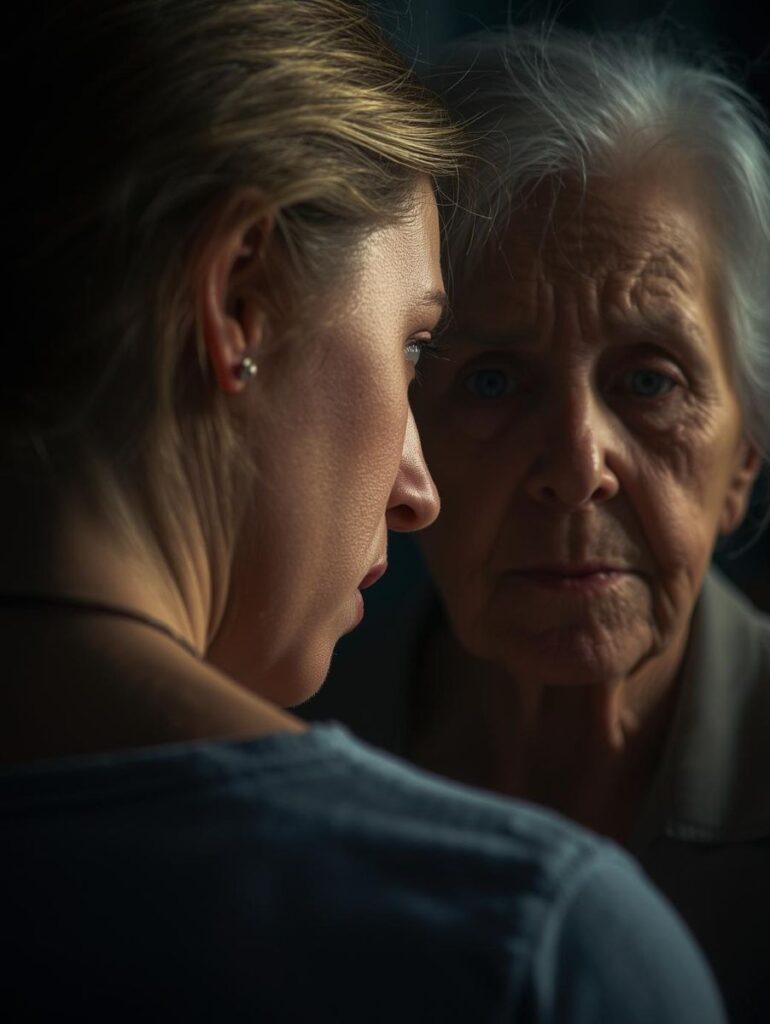 Emotional image of an angry adult woman being rude to her grandma.