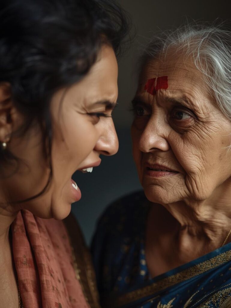Emotional image of an angry adult woman being rude to her grandma.