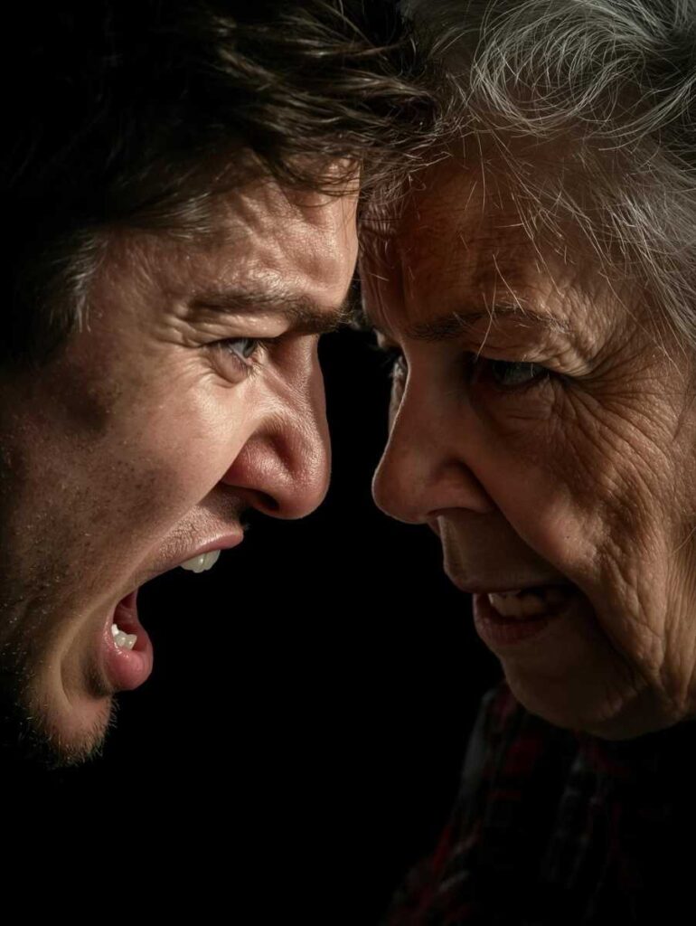 Image of a grandson being angry at his grandma for something she said.