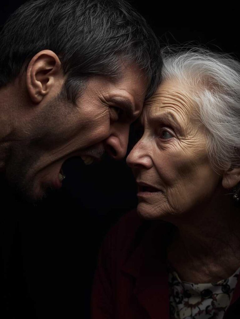 Image of a grandson being angry at his grandma for something she said.