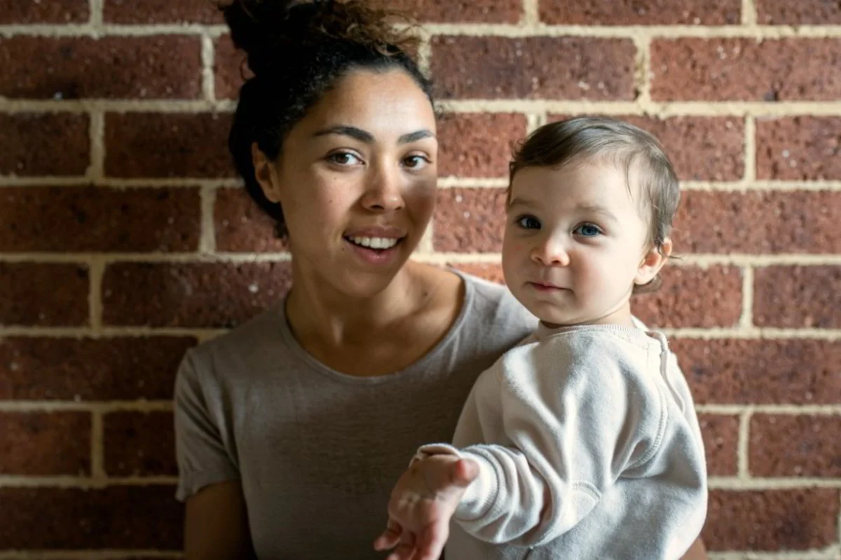 Smiling woman holding a baby in front of a brick wall, both looking toward the camera.