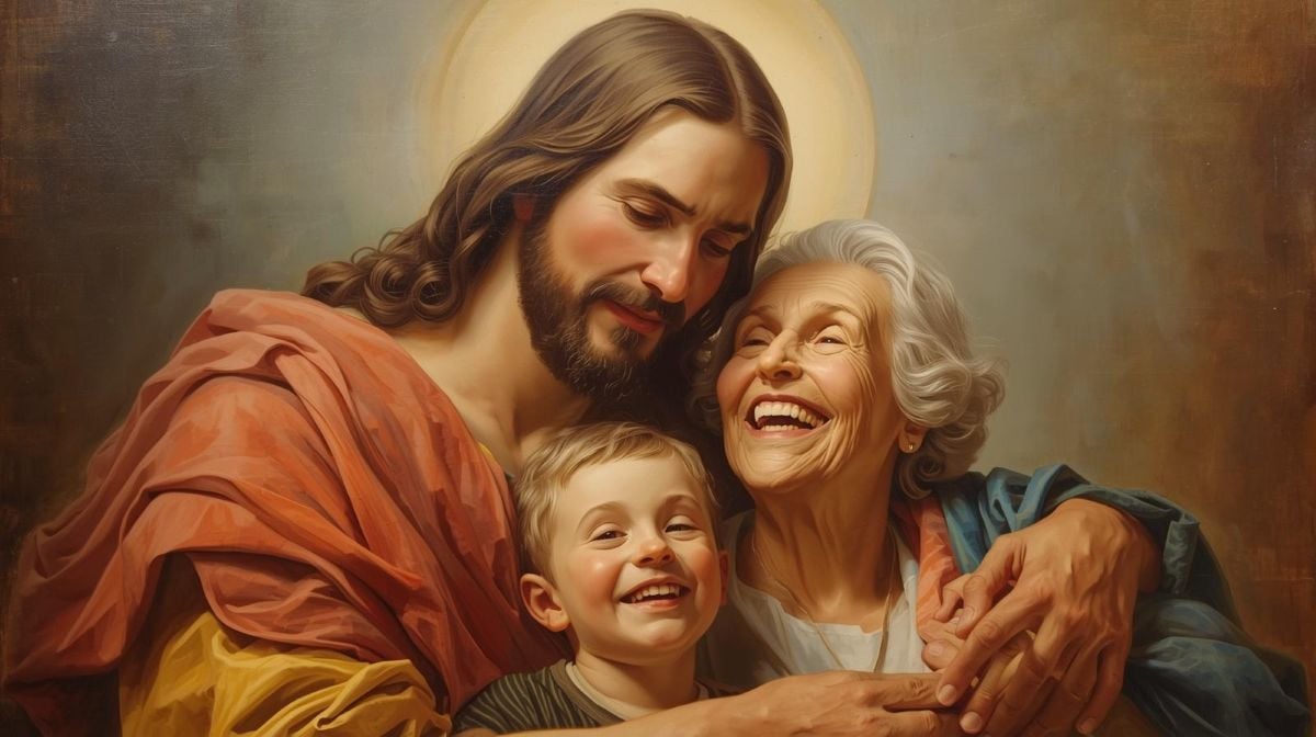 Oil painting of Jesus protecting a happy grandma and her grandson.