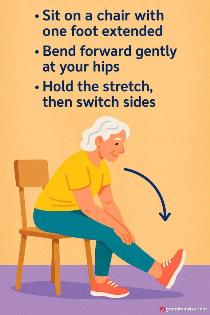5 Gentle Morning Stretches Every Older Woman Over 50 Should Try 5 Older woman doing a seated hamstring stretch on a chair, following illustrated step-by-step instructions.