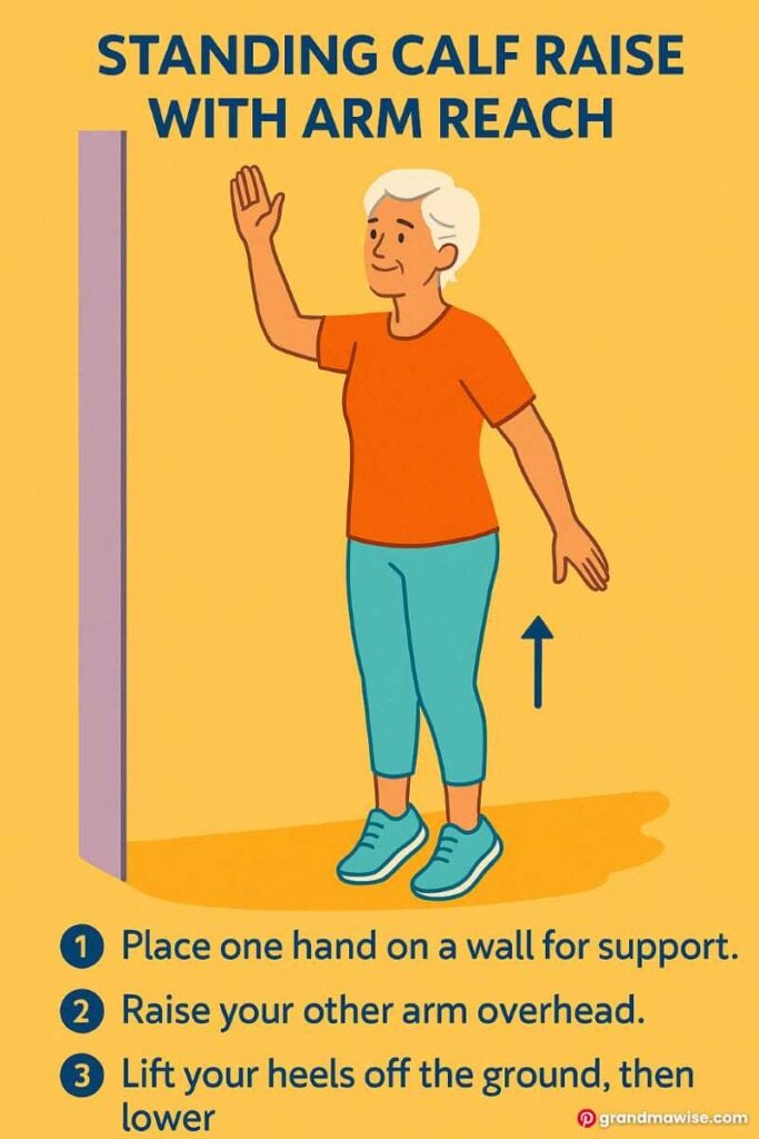 5 Gentle Morning Stretches Every Older Woman Over 50 Should Try 6 Illustration of an elderly woman doing a standing calf raise with one hand on a wall and the other arm reaching overhead.