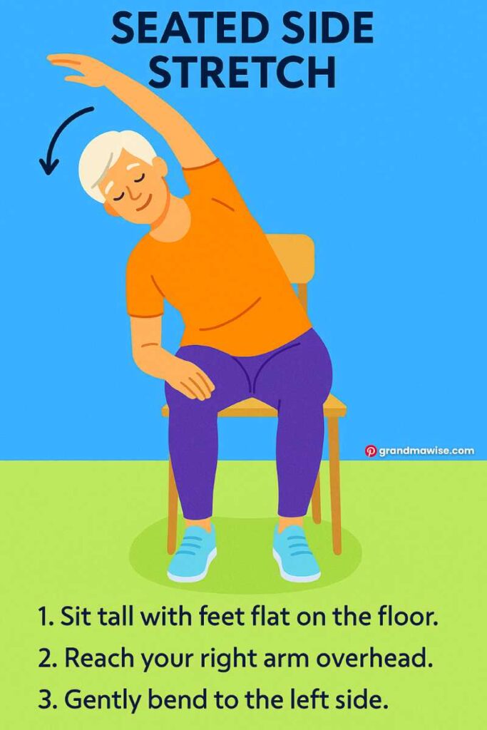 5 Gentle Morning Stretches Every Older Woman Over 50 Should Try 4 Illustration of a seated side stretch, with an older woman bending left while raising her right arm overhead.