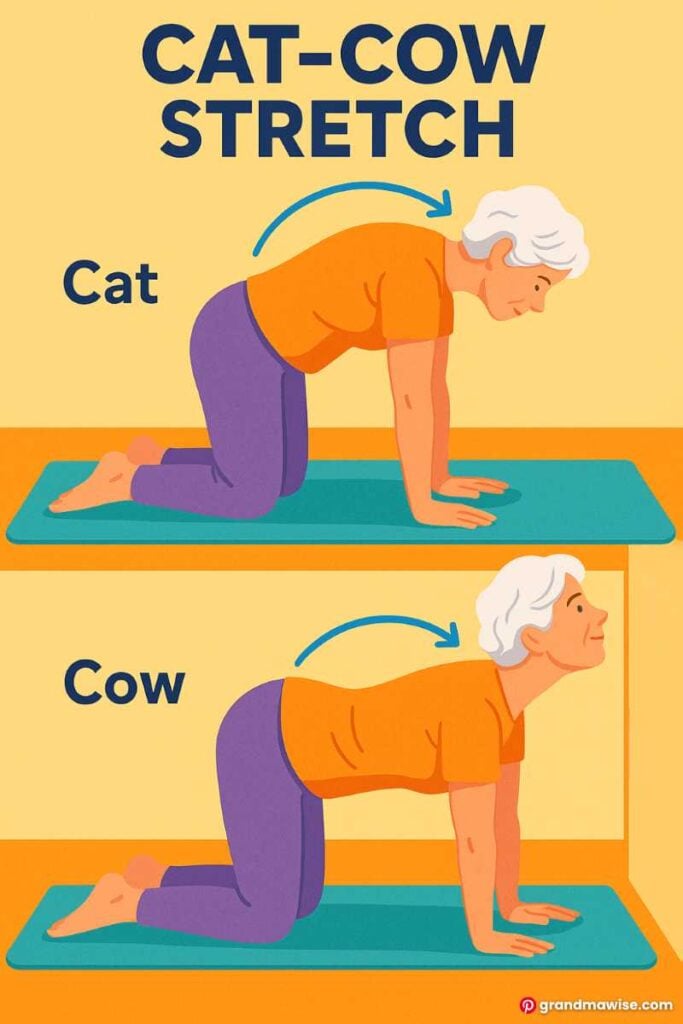 5 Gentle Morning Stretches Every Older Woman Over 50 Should Try 3 Illustration of an elderly woman performing the cat-cow stretch on a yoga mat, showing both cat and cow poses.
