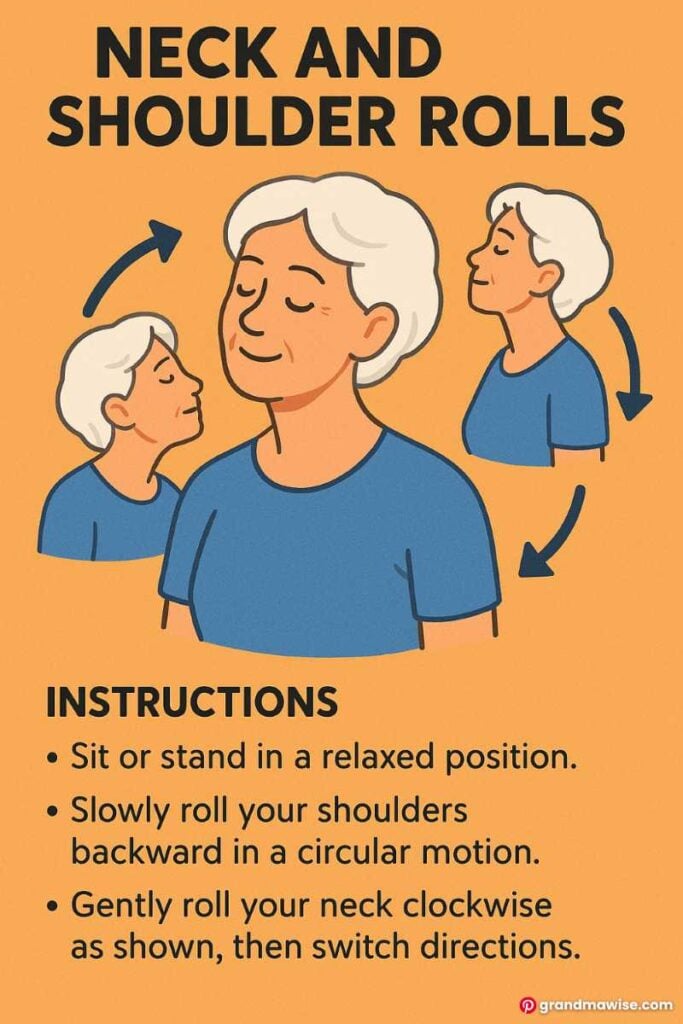 5 Gentle Morning Stretches Every Older Woman Over 50 Should Try 2 Instructional graphic of an older woman doing neck and shoulder rolls, with steps for gentle circular motions.