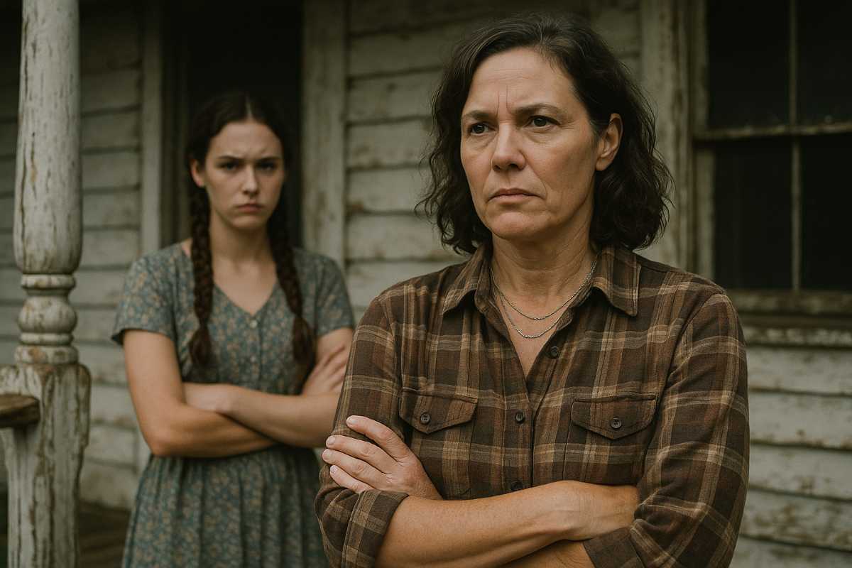 Serious-looking woman and teenage girl with crossed arms standing in front of a weathered wooden house.