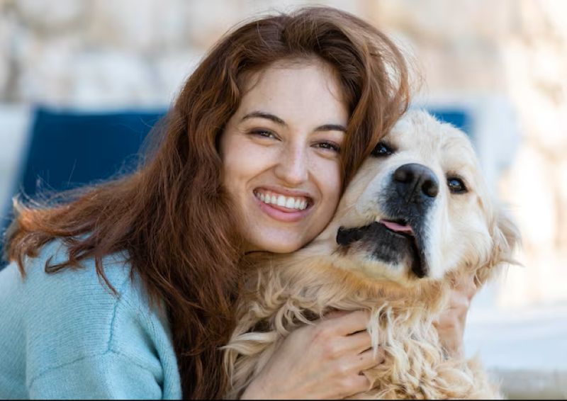 People who are naturally kind but have no close friends often share 12 traits 2 Smiling woman hugging a happy golden retriever outdoors, both looking at the camera with joyful expressions.