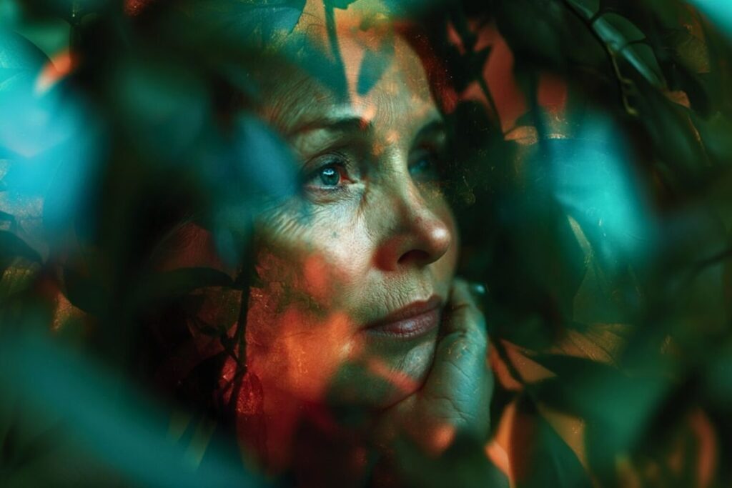 People who are naturally kind but have no close friends often share 12 traits 3 Close-up of a thoughtful older woman surrounded by colorful leaves and light reflections, evoking a dreamy, reflective mood.