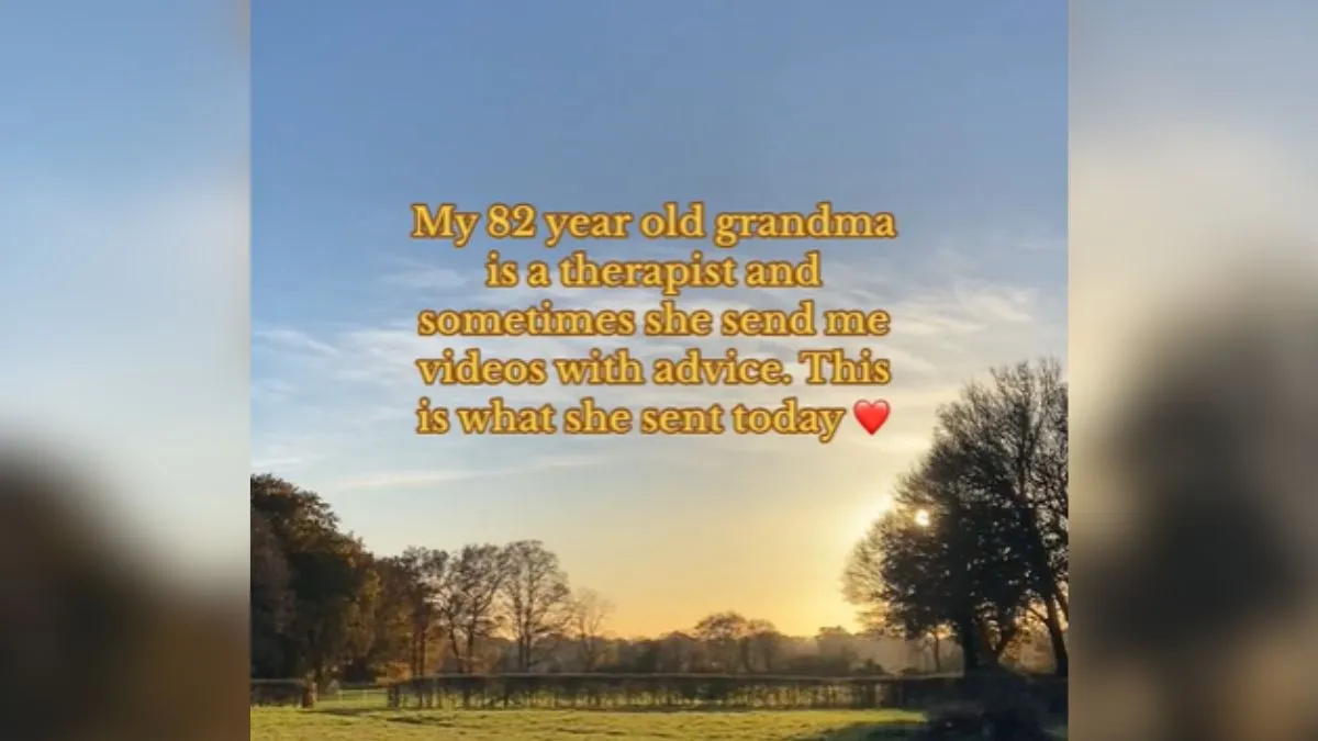 A serene landscape at sunrise, with overlaid text about an 82-year-old grandmother sharing her therapeutic advice via video.