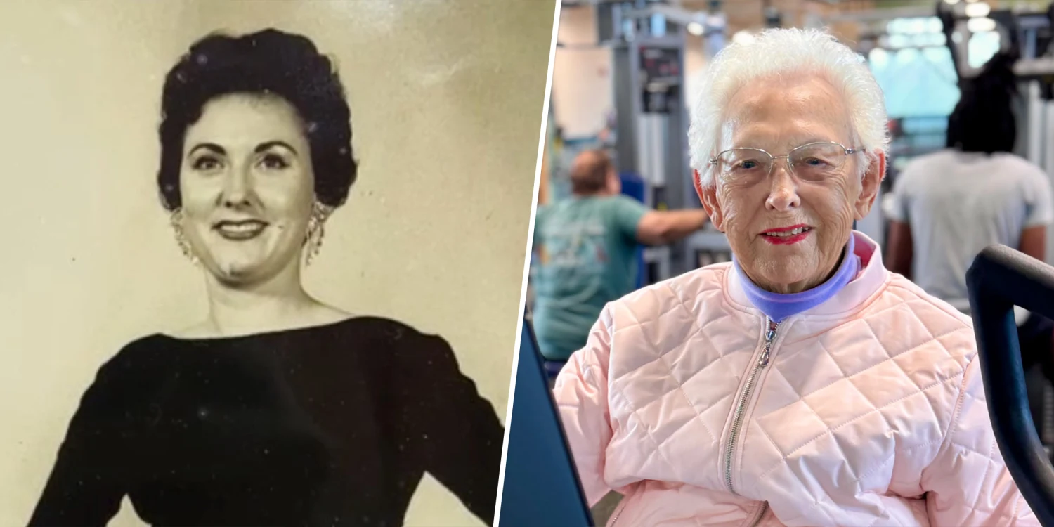 Split image of a woman in her youth on the left and the same woman as a smiling senior at the gym on the right.