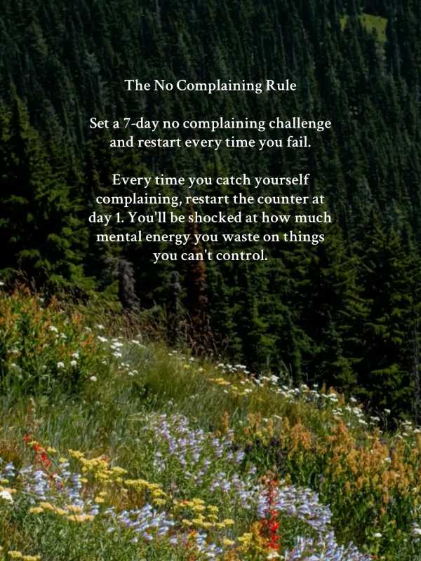 Text about a 7-day no complaining challenge over a background of colorful wildflowers and evergreen trees.