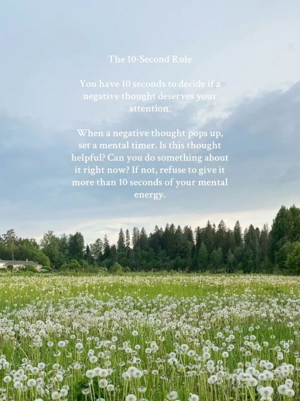 Text on the “10-Second Rule” for managing negative thoughts, placed over a field of dandelions with a cloudy sky.